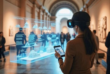 A woman in a museum uses augmented reality glasses and a tablet to explore detailed holographic displays of architectural models and historical data, blending technology with cultural education