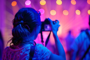Female photographer capturing moments at a live music concert, illuminated by vibrant stage lights