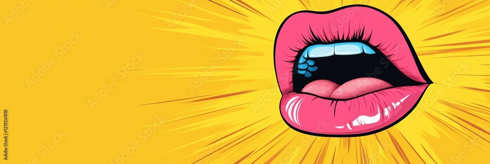 Poster Glossy pink lips showing tongue and teeth with a yellow radial zoom effect background representing concepts like lip augmentation, cosmetology, dentistry and pop art