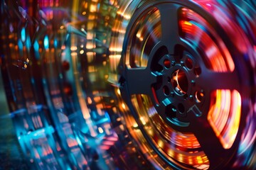 Reel to reel tape recorder playing music with colorful blurred lights in the background