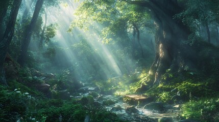 Sunbeams in the Mystical Forest: A Dreamlike Scene