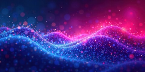 Fototapeta premium Abstract Glowing Particle Waves A Vibrant Digital Art Background Featuring Dynamic Blue and Pink Hues, Illuminated by Shimmering Lights and Bokeh Effects, Creating an Enchanting Visual Experience