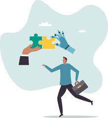 Human and AI Artificial Intelligence working together, machine or automation to help or support work, solution or connect idea.business concept.flat character.