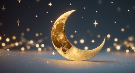 Naklejka premium Golden Crescent Moon and Stars Festive Background