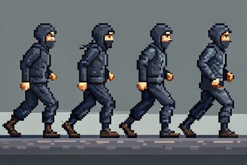 Fototapeta premium Pixel Art Bandit Sprite Sheet: 4-Frame Walking Animation in Black
