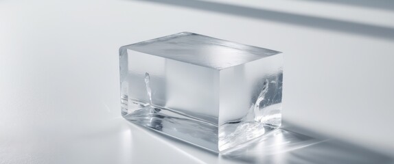 Clear Ice Block on White Surface with Smooth Textures and Reflections.