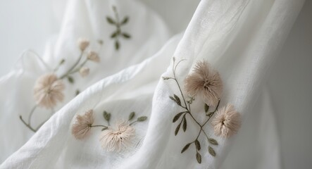 A white fabric with flowers embroidered on it.