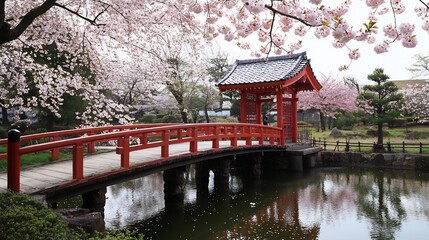 Fototapeta premium Serene Japanese Garden Bridge with Cherry Blossoms