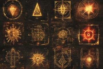 Naklejka premium Esoteric manuscripts featuring glowing glyphs in goldblackred style