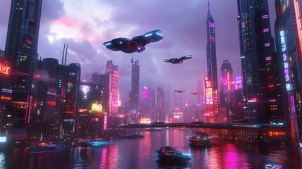 Futuristic Cityscape at Night with Flying Vehicles