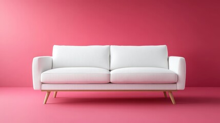 A white Scandinavian-style sofa placed against a vibrant bright pink background. The sofa features clean, minimalist lines with light wooden legs and soft, textured upholstery
