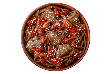 Delicious spicy Asian food soba with buckwheat noodles, beef, vegetables