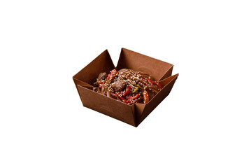 Delicious spicy Asian food soba with buckwheat noodles, beef, vegetables