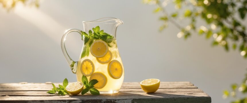 Refreshing lemonade in a glass pitcher on a sunny picnic table with lemon and mint