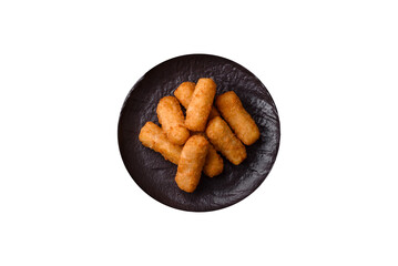 Delicious crispy cheese sticks with mozzarella, salt and spices