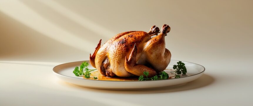 roasted chicken on the plate , copy space concept for wallpaper or background