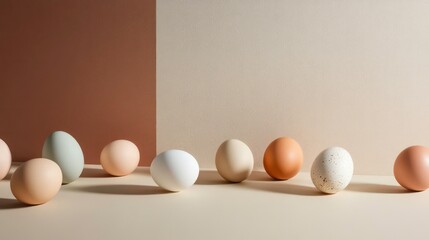 Assorted colorful eggs arranged on a beige surface against a two-toned background.