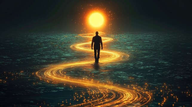 A person's silhouette walks along a glowing, winding path that leads towards a large, radiant sun, set against a dark and mysterious background, evoking themes of hope, journey, and self - discovery.