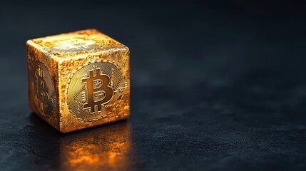Golden Bitcoin Block on Dark Surface for Cryptocurrency Concept