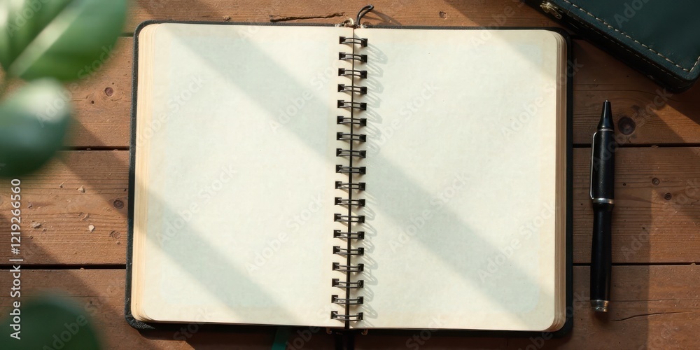 Poster sunlight illuminates an open spiral notebook and pen resting on a wooden surface