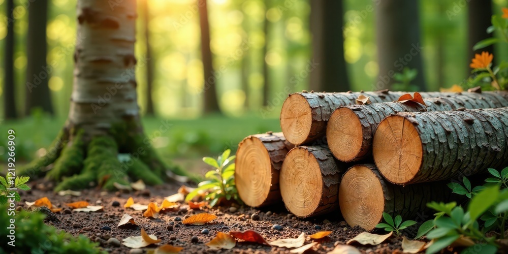 Poster forest harvesting sawn logs resting on forest floor near mossy tree trunk at dawn
