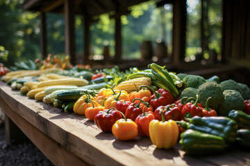 Fresh harvest of colorful vegetables in wooden crate outdoors