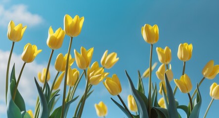 Fototapeta premium A bunch of yellow tulips on a blue background