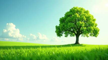 Fototapeta premium Serene Landscape Featuring a Lush Green Tree in a Verdant Meadow Under a Bright Sky