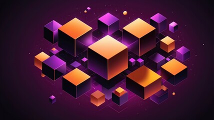 Symmetrical arrangement of geometric shapes, including cubes and spheres, forming a futuristic pattern. Surfaces are gradient-colored from deep magenta to bright orange, with a metallic sheen. Soft gl