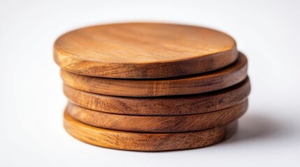 A set of artisanal wooden coasters, neatly stacked, on a white  background