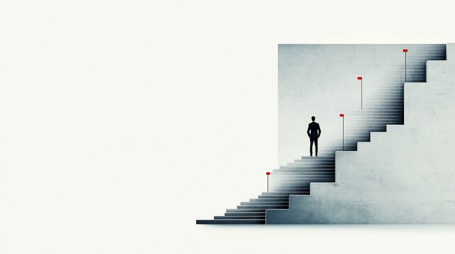 Businessman standing at the bottom of a concrete staircase leading to success, marked by red flags.