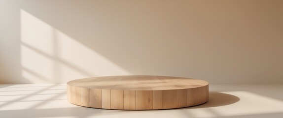 round wooden podium for product presentation on beige background with shadows.