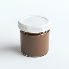 A small glass jar filled with a rich, dark brown spread, topped with a white lid. Perfect for various uses.