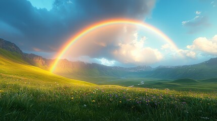 Naklejka premium Majestic Rainbow over Verdant Valley and Mountains
