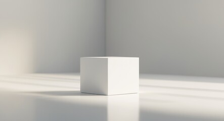 White cube on a glossy surface with soft lighting.