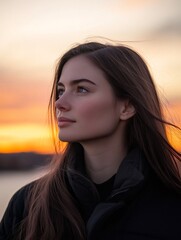 Fototapeta premium Young woman enjoying setting sun over lake or river