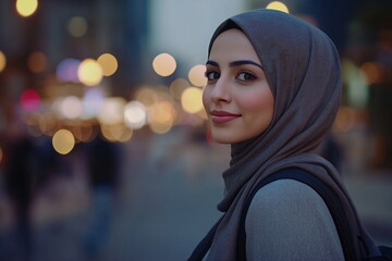 A close-up portrait of a young woman wearing a hijab, confidently looking into the camera. Perfect for content promoting empowerment, diversity, and inclusivity.

