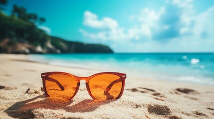 Sunglasses resting on sandy beach by crystal clear ocean on sunny day