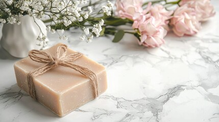 A set of luxury natural soaps with floral scents, placed on a white countertop, on a white background