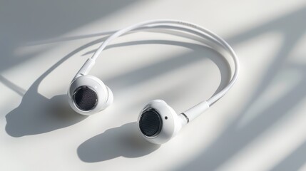 A set of premium earphones, displayed on a white surface with a soft shadow, on a white background