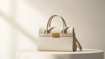 A stylish designer handbag with gold accents, placed on a white table, on a white background