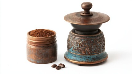 A high-quality coffee grinder, placed next to a small jar of ground coffee, on a white isolated background