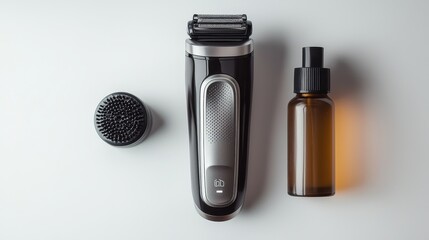 A sleek electric shaver with a modern design, placed next to grooming products