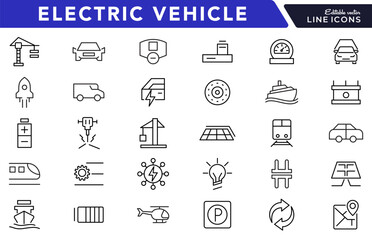 Electric Vehicle line icon set. EV, electric socket station, car plugged, battery, technology, home car charging, power station, taxi, road, race, automobile line icon set. Ui thin line icon pack.