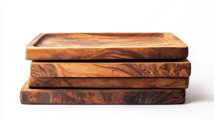 A set of artisanal wooden serving trays, stacked neatly, on a white isolated background