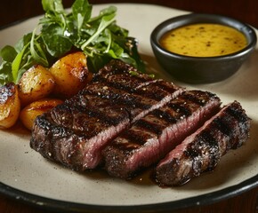 Delicious grilled steak served with greens and potatoes