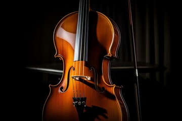Fototapeta premium Polished cello stands in a dark room, its bow leaning on a nearby table, creating a dramatic and elegant scene