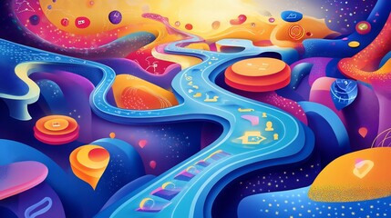 Artistic visualization of customer loyalty showcasing symbolic pathways abstract shapes representing longterm engagement brand affinity and reward systems