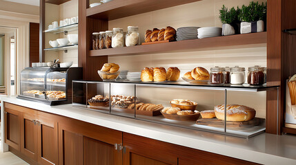 bakery counter filled with variety of fresh pastries and baked goods, showcasing inviting selection