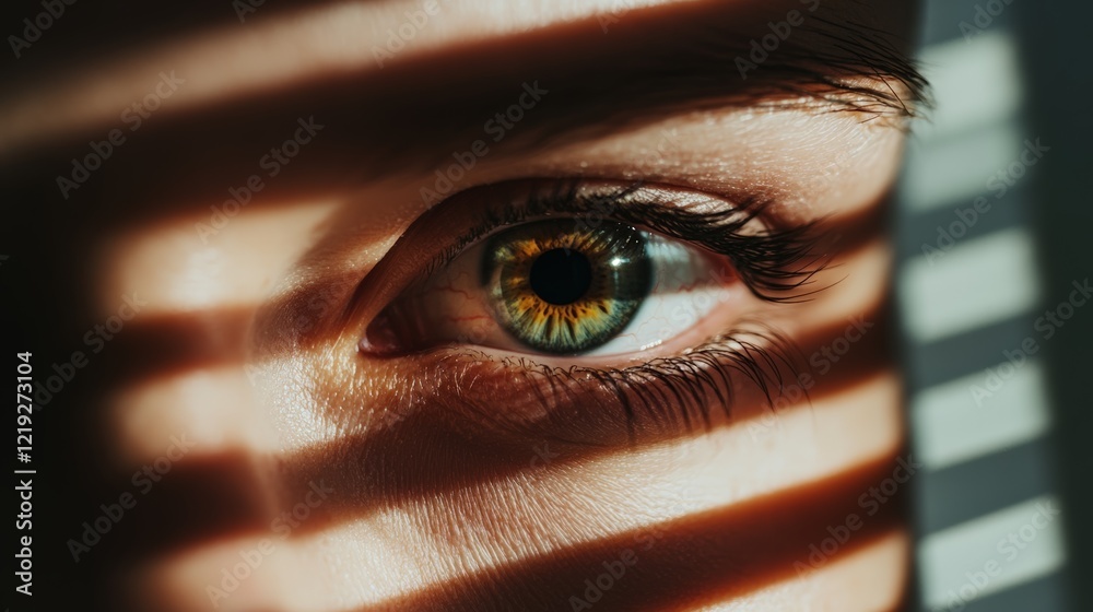 Poster close up of a woman's hazel eye, partially obscured by stripes of light and shadow, creating an intr